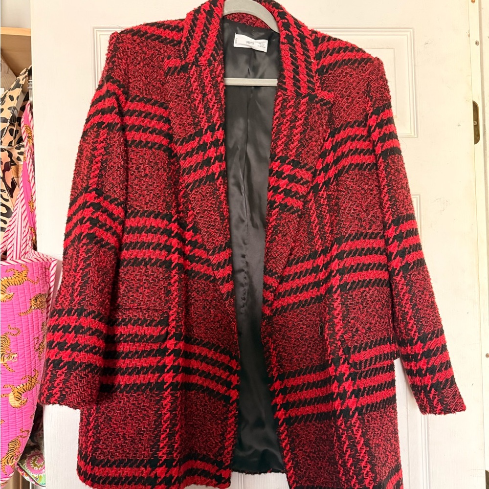 Mango Red and Black Plaid Bouclé Blazer